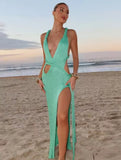 Knit High Slit Backless Ribbed Long Dress