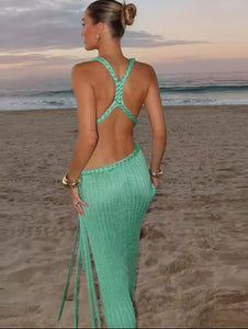 Knit High Slit Backless Ribbed Long Dress