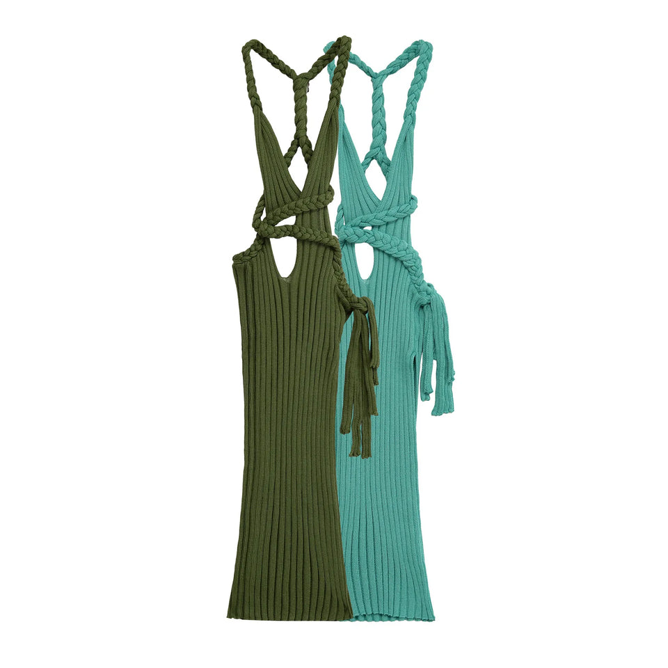Knit High Slit Backless Ribbed Long Dress